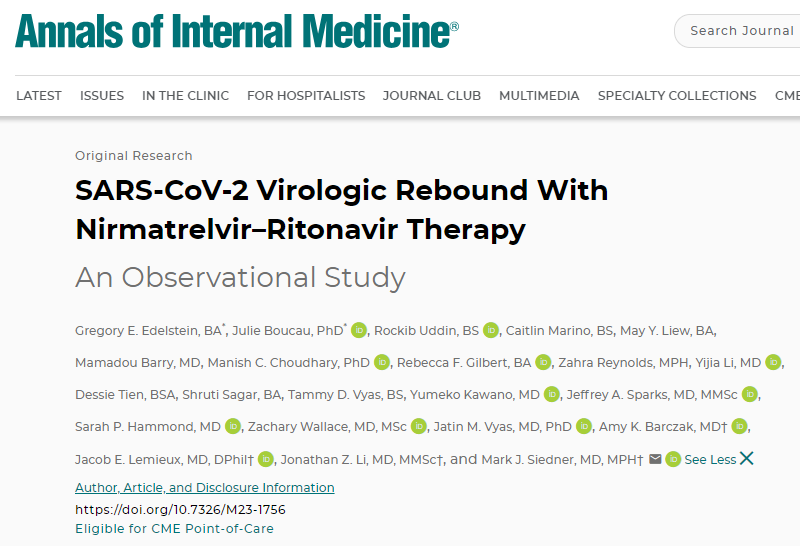 Our paper investigating SARS-CoV-2 Virologic Rebound with Nirmatrelvir-Ritonavir  Therapy published in Annals of Internal Medicine
